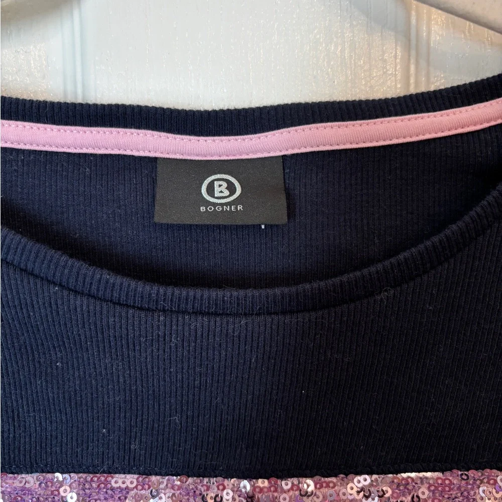 Bogner Striped Navy and White T-Shirt with Pink Sequin Detail Women’s M/L or 10 - Picture 5 of 8